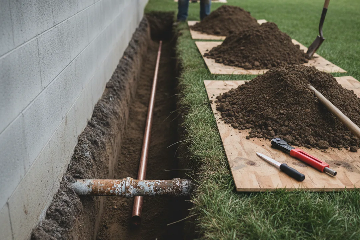 Excavated water line trench during Sewer Line Repair in Daphne